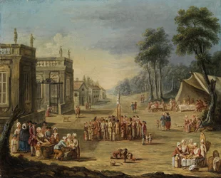 Höfisches Gartenfest mit Zelt und einem Artisten in staunender Menge